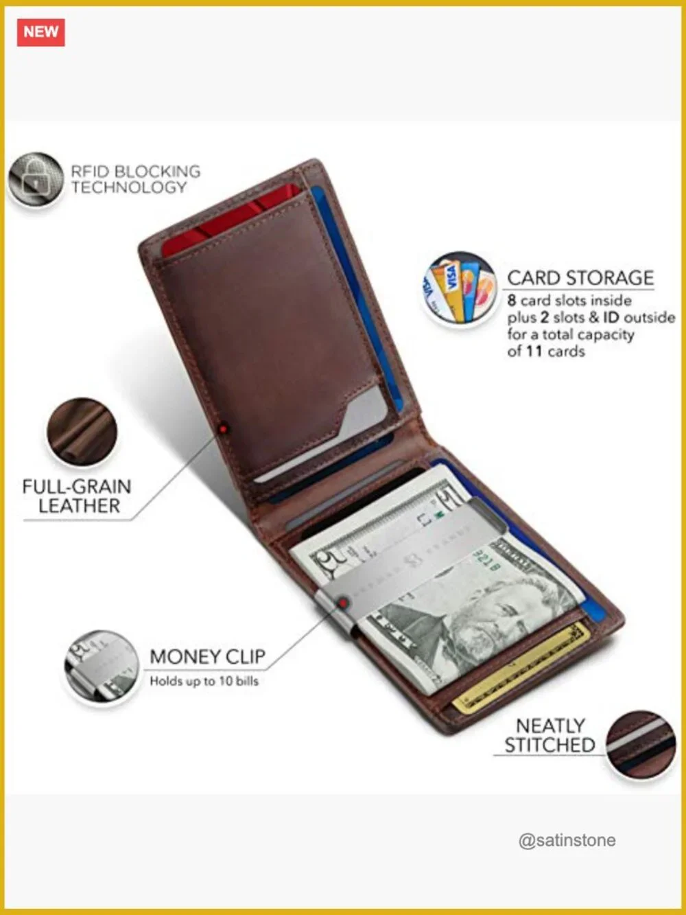 Minimalist Front Pocket RFID Blocking Money Clip Wallet Leather 11 Card Slots